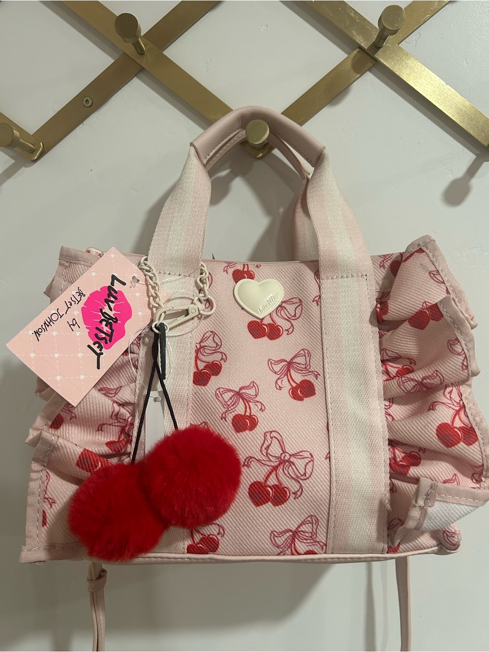 Pink Cherry Print Mini Tote Bag with Chain Strap